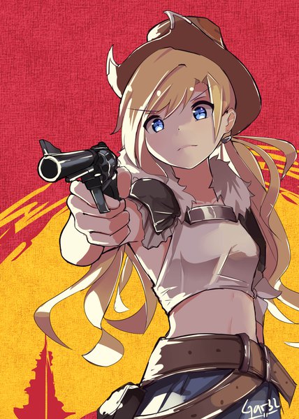 Anime picture 2500x3500 with girls frontline red dead redemption colt m1873 (girls frontline) tegar32 single long hair tall image looking at viewer fringe highres breasts blue eyes blonde hair hair between eyes standing holding signed payot pleated skirt bare belly