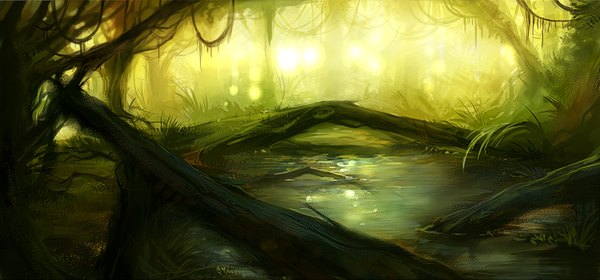 Anime picture 1500x700 with original tcs (pixiv) wide image landscape plant (plants) tree (trees) water forest