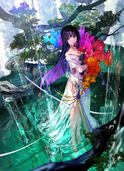 Anime picture 875x1200 with original fuzichoco single long hair tall image fringe black hair purple eyes holding looking away full body blunt bangs multicolored hair barefoot from above off shoulder two-tone hair partially submerged colored inner hair waterfall
