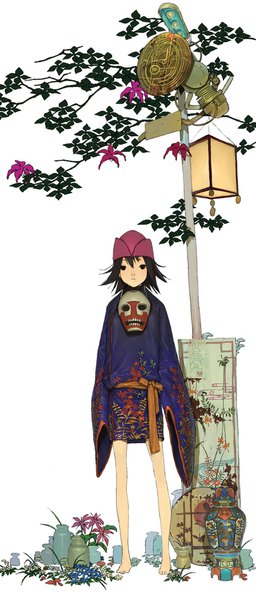 Anime picture 855x2000 with original task utsushita single tall image looking at viewer short hair black hair simple background standing white background traditional clothes japanese clothes barefoot black eyes wide sleeves bare legs sleeves past wrists expressionless skinny girl