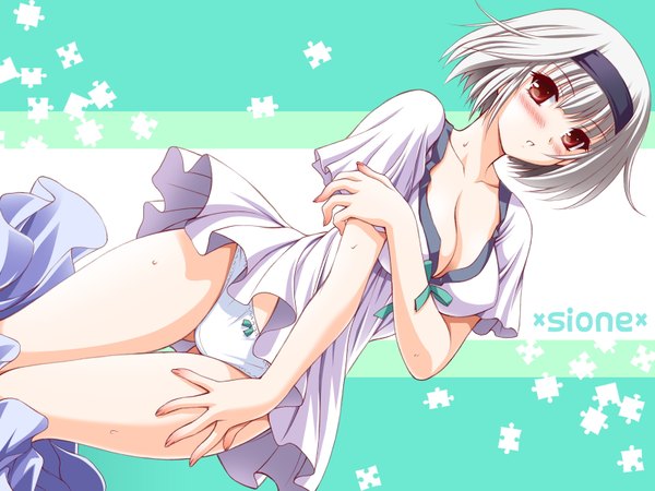 Anime picture 1600x1200 with primitive link purple software sione kuroda akimi single looking at viewer blush short hair breasts light erotic game cg cleavage grey hair inscription sweat wallpaper character names ass visible through thighs girl underwear