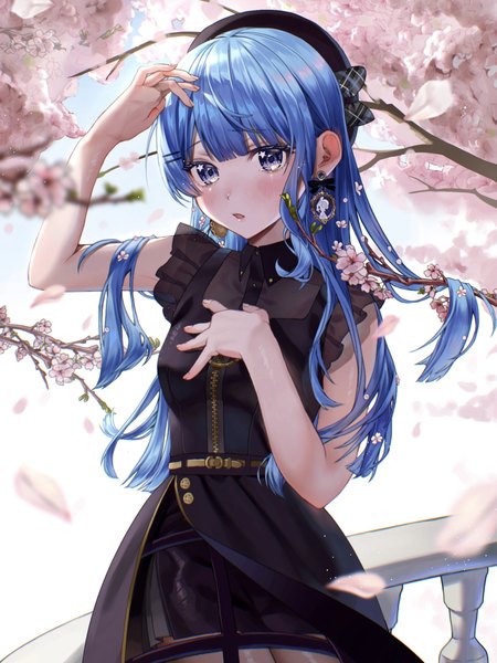 Anime picture 1800x2400 with virtual youtuber hololive hoshimachi suisei hoshimachi suisei (maid) rearea 7777 single long hair tall image blush highres blue eyes blue hair arm up sleeveless cherry blossoms official alternate costume hand on chest spring girl dress