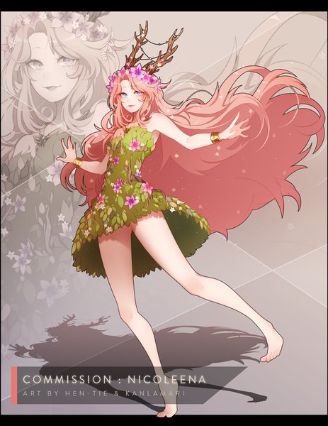 Anime-Bild 1005x1300 mit original hen-tie (hen) single tall image open mouth blue eyes standing purple eyes signed pink hair full body very long hair barefoot horn (horns) bare legs shadow heterochromia standing on one leg letterboxed wavy hair