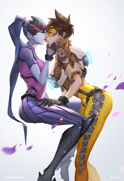 Anime picture 880x1281 with overwatch blizzard entertainment widowmaker (overwatch) tracer (overwatch) dywx poison long hair tall image short hair simple background brown hair sitting multiple girls blue hair ponytail eyes closed profile copyright name shoujo ai kiss hand on another's face