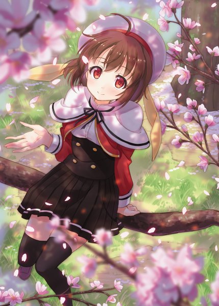 Anime picture 858x1200 with original hyuuga azuri single tall image looking at viewer blush short hair smile red eyes brown hair cherry blossoms girl thighhighs dress black thighhighs plant (plants) petals tree (trees) beret