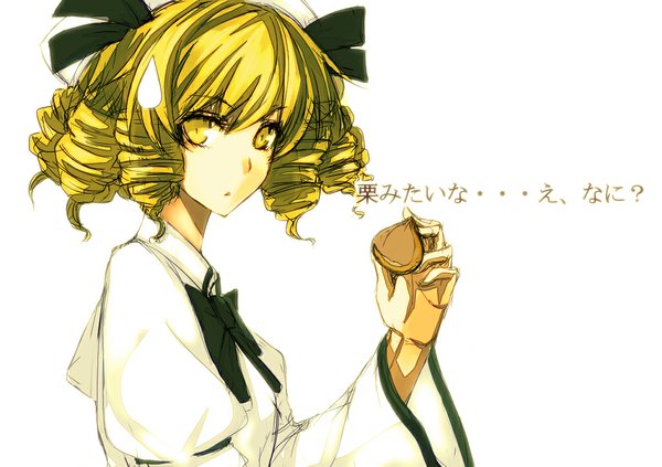 Anime picture 1024x723 with touhou luna child kuroneko nero single looking at viewer short hair blonde hair simple background white background yellow eyes drill hair hieroglyph girl hat