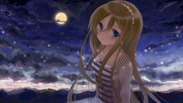 Anime-Bild 1000x562 mit vocaloid lily (vocaloid) shigure ui single long hair looking at viewer blush fringe blue eyes blonde hair smile hair between eyes wide image cloud (clouds) upper body night night sky striped glow girl