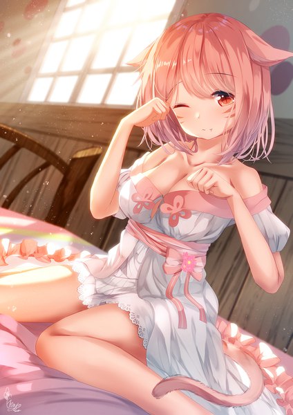 Anime picture 1273x1800 with final fantasy final fantasy xiv square enix miqo'te chinomaron single tall image looking at viewer fringe short hair breasts light erotic large breasts sitting bare shoulders animal ears pink hair cleavage bent knee (knees) indoors