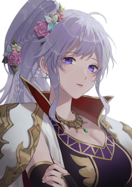 Anime picture 1448x2048 with fire emblem fire emblem: genealogy of the holy war nintendo ishtar (fire emblem) pana (87) single long hair tall image looking at viewer fringe simple background white background purple eyes payot cleavage silver hair purple hair upper body ahoge ponytail