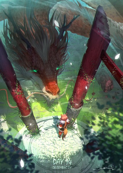 Anime picture 838x1184 with original j 315 (jean) tall image standing animal ears tail animal tail horn (horns) from above shadow fur trim fox ears glowing dated fox tail low ponytail fantasy plant (plants) petals tree (trees)