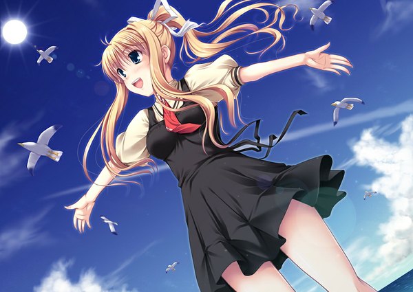 Anime picture 1024x727 with air key (studio) kamio misuzu miyai max long hair open mouth blue eyes blonde hair sky cloud (clouds) ponytail girl ribbon (ribbons) hair ribbon serafuku sun seagull