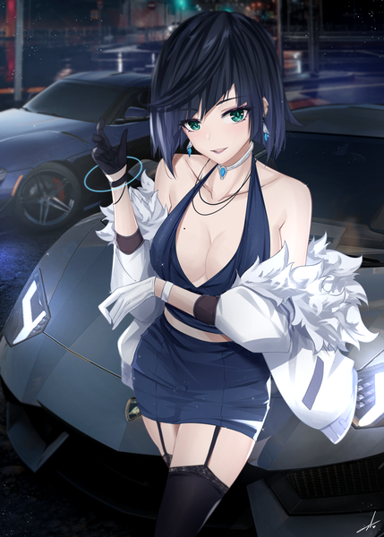 Anime picture 3488x4873 with genshin impact yelan (genshin impact) feint721 single tall image looking at viewer fringe highres short hair breasts open mouth light erotic black hair large breasts standing signed absurdres cleavage outdoors blunt bangs