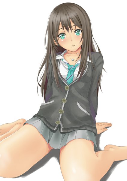 Anime picture 595x842 with idolmaster idolmaster cinderella girls shibuya rin muffin (sirumeria) single long hair tall image looking at viewer blue eyes light erotic black hair simple background white background sitting bare legs wariza girl skirt uniform school uniform