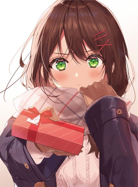 Anime picture 1421x1920 with original necomi (gussan) single long hair tall image looking at viewer blush fringe simple background hair between eyes brown hair holding green eyes upper body scan open clothes gradient background girl gloves hair ornament