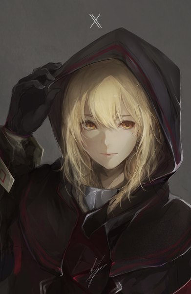 Anime picture 1543x2364 with fate (series) fate/grand order artoria pendragon (all) mysterious heroine x (alter) (fate) marumoru single long hair tall image looking at viewer fringe simple background blonde hair hair between eyes brown eyes signed upper body arm up grey background adjusting clothes adjusting hood