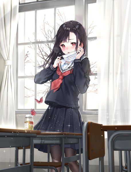 Anime picture 1800x2362 with original macciatto (aciel02) single long hair tall image looking at viewer blush fringe highres open mouth black hair red eyes standing indoors long sleeves nail polish pleated skirt sparkle classroom pink nail polish