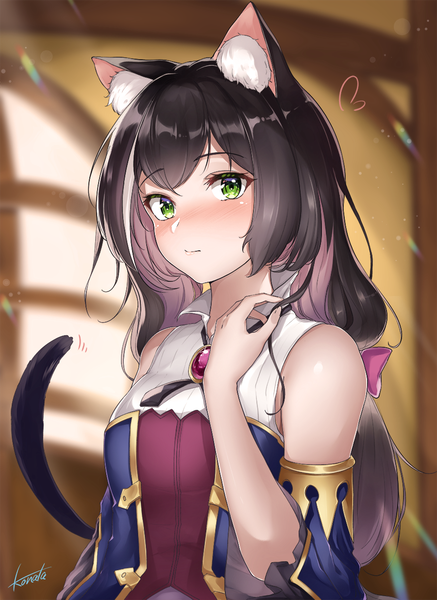Anime picture 900x1237 with princess connect! re:dive princess connect! karyl (princess connect!) konata (knt banri) single long hair tall image looking at viewer blush black hair twintails green eyes animal ears upper body tail animal tail cat ears cat girl cat tail low twintails