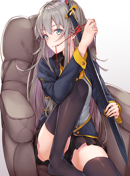 Anime picture 3126x4215 with original black cola single long hair tall image blush fringe highres blue eyes simple background hair between eyes white background sitting holding absurdres bent knee (knees) long sleeves pleated skirt arm up grey hair