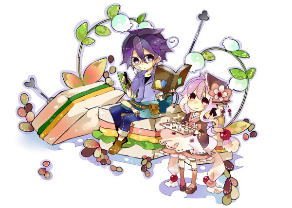 Anime picture 1200x857 with original maple (cyakapon) long hair short hair simple background smile white background sitting purple eyes pink hair purple hair pink eyes girl boy plant (plants) socks glasses food book (books) bandaid