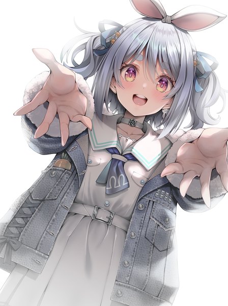 Anime picture 1070x1434 with virtual youtuber hololive usada pekora usada pekora (casual) kubota masaki single tall image looking at viewer blush short hair open mouth simple background white background animal ears silver hair :d teeth two side up bunny ears dutch angle