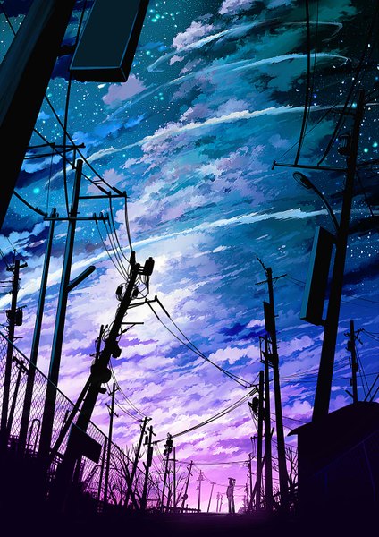 Anime picture 1061x1500 with original 108 tall image sky cloud (clouds) silhouette plant (plants) tree (trees) star (stars) wire (wires)