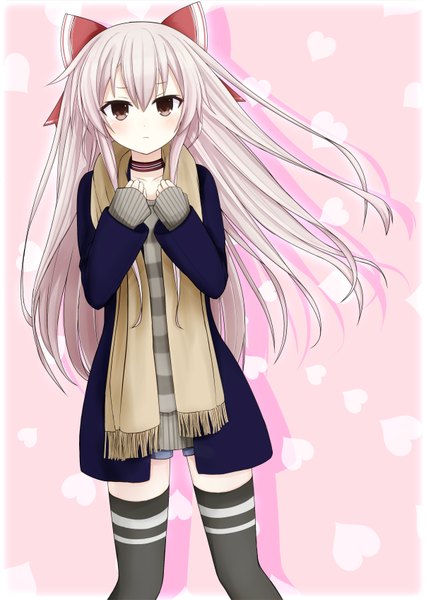 Anime picture 2412x3396 with kantai collection amatsukaze destroyer yamiarisu single long hair tall image looking at viewer blush fringe highres simple background hair between eyes brown eyes silver hair wind alternate costume zettai ryouiki sleeves past wrists pink background alternate hairstyle