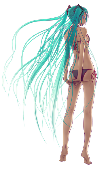 Anime-Bild 750x1200 mit vocaloid hatsune miku wokada single long hair tall image light erotic smile standing twintails very long hair profile barefoot aqua eyes light smile from behind aqua hair back hands behind back transparent background
