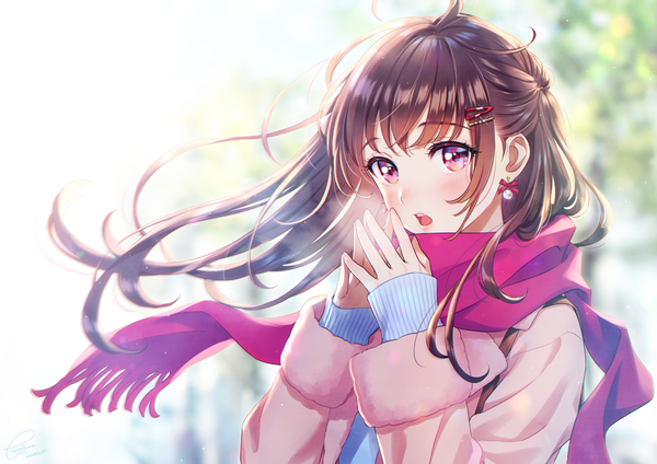 Anime picture 1736x1228 with original morikura en single long hair looking at viewer blush fringe highres open mouth brown hair standing signed upper body long sleeves pink eyes wind blurry open clothes :o sparkle