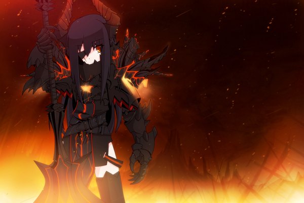 Anime picture 1800x1201 with world of warcraft blizzard entertainment highres short hair black hair red eyes mountain girl weapon sword armor eyepatch fire huge weapon huge sword