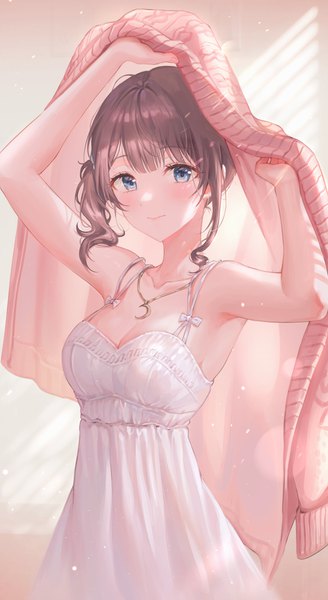 Anime picture 1640x3000 with project sekai mochizuki honami tokkyu single tall image looking at viewer blush fringe short hair breasts blue eyes smile brown hair large breasts standing holding payot cleavage arms up armpit (armpits)