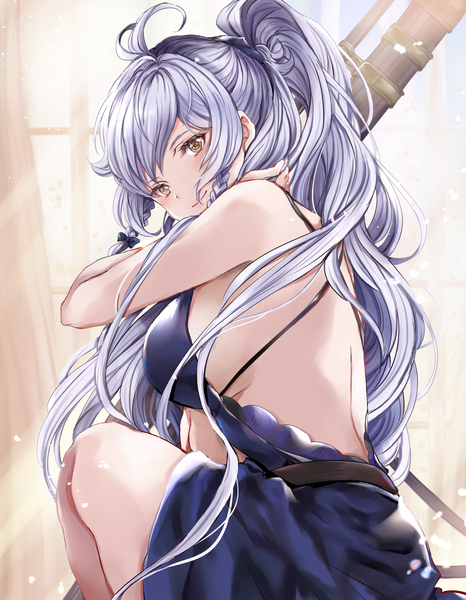 Anime picture 1515x1948 with granblue fantasy silva (granblue fantasy) hinahino single long hair tall image looking at viewer blush fringe breasts light erotic smile sitting brown eyes payot silver hair ahoge ponytail indoors braid (braids)