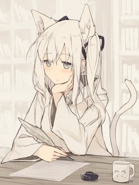 Anime picture 887x1181 with original nagishiro mito single long hair tall image blush animal ears payot looking away upper body white hair indoors long sleeves cat ears cat girl grey eyes chin rest hand on cheek writing girl