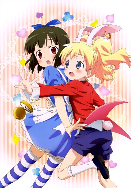 Anime picture 4085x5875 with kin-iro mosaic nyantype alice carteret oomiya shinobu long hair tall image blush highres short hair open mouth blue eyes black hair blonde hair red eyes multiple girls animal ears absurdres official art bunny ears striped background
