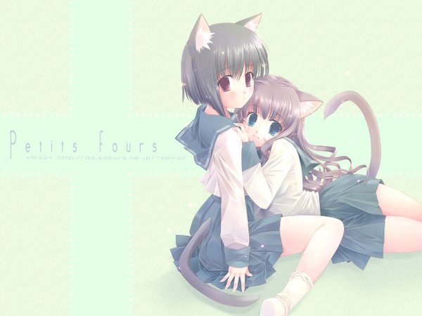 Anime picture 1280x960 with toto seiro long hair looking at viewer blush short hair blue eyes black hair red eyes sitting multiple girls animal ears purple hair looking back light smile inscription bare legs loli cat tail soft beauty girl