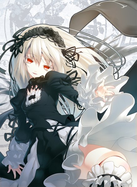 Anime picture 1100x1501 with rozen maiden suigintou nilitsu single long hair tall image looking at viewer blush open mouth red eyes silver hair one eye closed light smile wink lolita fashion goth-loli girl thighhighs dress hair ornament