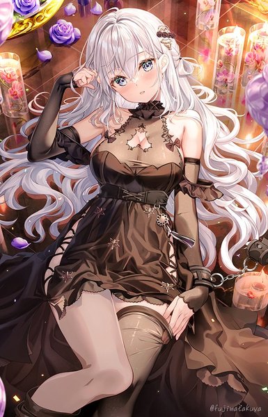 Anime picture 591x920 with original fujima takuya single long hair tall image fringe breasts light erotic hair between eyes bare shoulders signed looking away cleavage silver hair lying long sleeves parted lips head tilt arm up from above