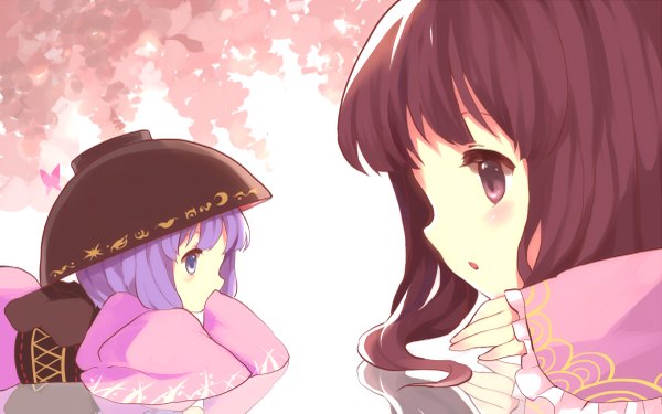 Anime picture 1200x751 with touhou houraisan kaguya sukuna shinmyoumaru hillly (maiwetea) long hair blush short hair open mouth brown hair wide image purple eyes multiple girls brown eyes purple hair long sleeves traditional clothes japanese clothes profile reflection face to face