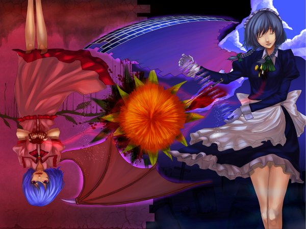 Anime picture 2134x1600 with touhou remilia scarlet izayoi sakuya mibuki397 highres short hair red eyes multiple girls blue hair braid (braids) maid twin braids single wing girl dress gloves 2 girls wings heart apron