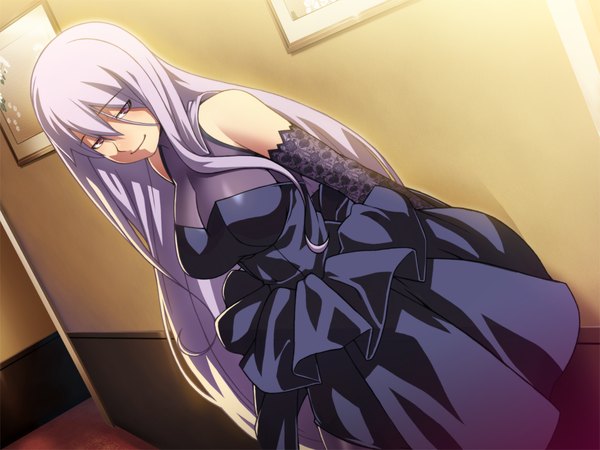 Anime picture 1024x768 with hotel (game) long hair purple eyes bare shoulders game cg grey hair girl dress gloves elbow gloves