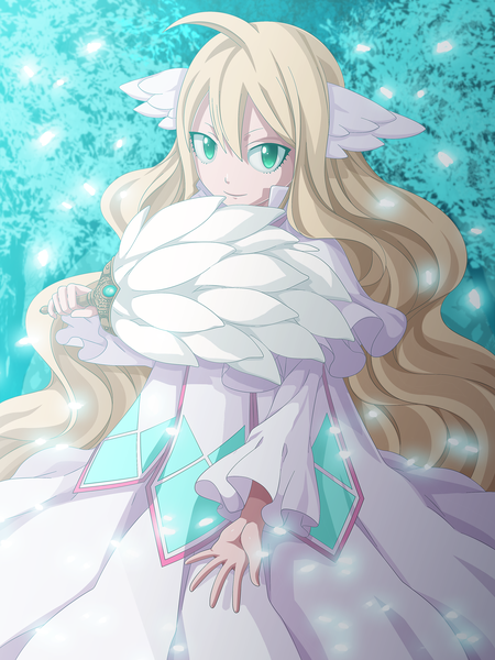 Anime picture 3000x4000 with fairy tail mavis vermillion ifeergirl single long hair tall image looking at viewer fringe highres blonde hair smile green eyes ahoge loli coloring head wings girl dress weapon plant (plants)