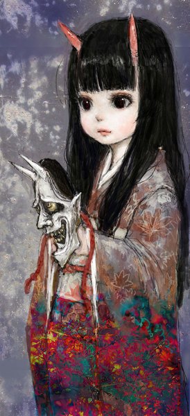 Anime picture 457x1000 with original hinomoto oniko pon00000 (pixiv) single long hair tall image fringe black hair simple background holding traditional clothes japanese clothes horn (horns) black eyes oni horns girl kimono mask