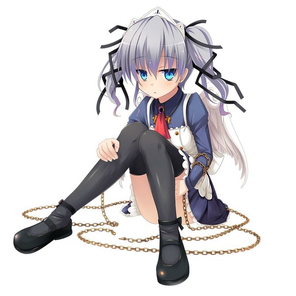 Anime picture 1000x1000 with original kazumasa single long hair looking at viewer blue eyes simple background white background sitting twintails grey hair girl thighhighs dress ribbon (ribbons) black thighhighs hair ribbon wings chain