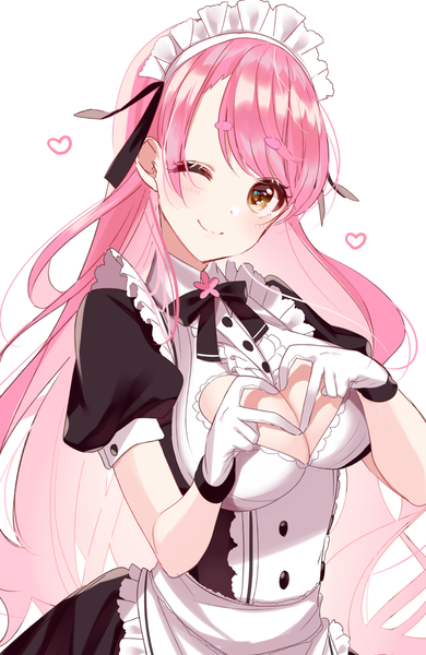 Anime picture 1300x2000 with virtual youtuber nijisanji aizono manami sinsihukunokonaka single long hair tall image looking at viewer breasts light erotic simple background smile large breasts white background brown eyes pink hair upper body one eye closed wink maid
