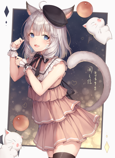 Anime-Bild 1423x1957 mit final fantasy final fantasy xiv square enix miqo'te moogle ayuanlv single tall image looking at viewer blush fringe short hair open mouth blue eyes simple background smile hair between eyes standing signed animal ears