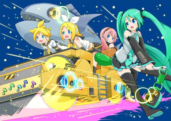 Anime picture 1500x1061 with vocaloid hatsune miku megurine luka kagamine rin kagamine len magyo long hair short hair blue eyes blonde hair twintails multiple girls pink hair very long hair green hair siblings space brother and sister girl boy