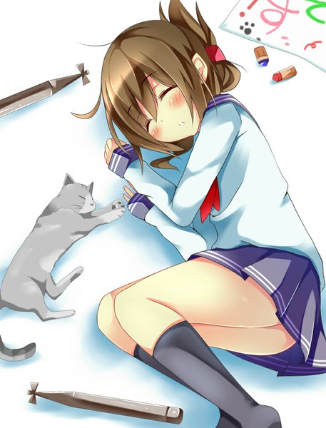 Anime picture 762x1000 with kantai collection inazuma destroyer yahiro (anhnw) single tall image blush short hair open mouth light erotic brown hair eyes closed teeth on side sleeping girl skirt uniform hair ornament school uniform animal