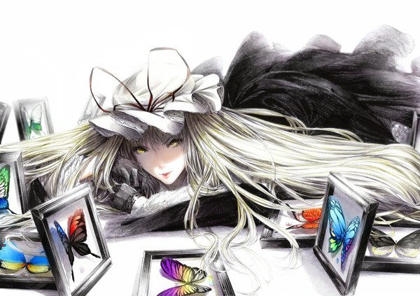 Anime picture 2000x1410 with touhou yakumo yukari sousou (sousouworks) single long hair looking at viewer highres simple background blonde hair smile white background yellow eyes white hair alternate costume lipstick text girl dress insect butterfly