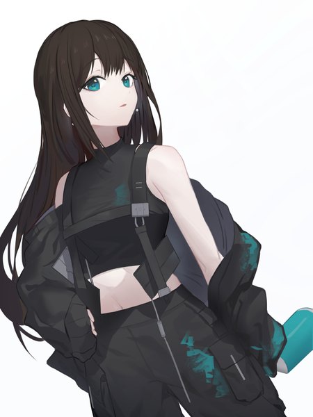 Anime picture 3000x4000 with idolmaster idolmaster cinderella girls shibuya rin mycash75 single long hair tall image looking at viewer fringe highres open mouth black hair simple background hair between eyes standing white background aqua eyes off shoulder open jacket midriff