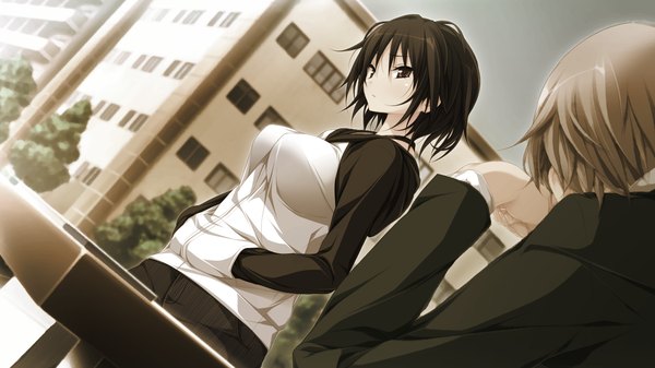 Anime picture 1280x720 with hapymaher koku short hair black hair red eyes brown hair wide image game cg hands in pockets girl boy