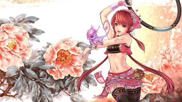 Anime picture 1600x900 with original rakuhei (artist) single long hair red eyes wide image bare shoulders red hair midriff tattoo girl flower (flowers) animal ring